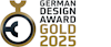 Logo for the German Design Award Gold 2025, featuring a stylized gold and black emblem with bold text on the right. Logo for the German Design Award Gold 2025, featuring a stylized gold and black emblem with bold text on the right.