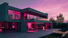 A modern, minimalist house basks in the magenta glow of sunset, with large windows revealing the vibrant magenta interior lights that match the dramatic sky, and a serene pool mirroring the tranquil evening atmosphere. A modern, minimalist house basks in the magenta glow of sunset, with large windows revealing the vibrant magenta interior lights that match the dramatic sky, and a serene pool mirroring the tranquil evening atmosphere.